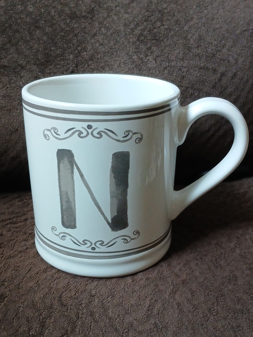 Sur La Table Stoneware White and Gray Monogram "N" Mug